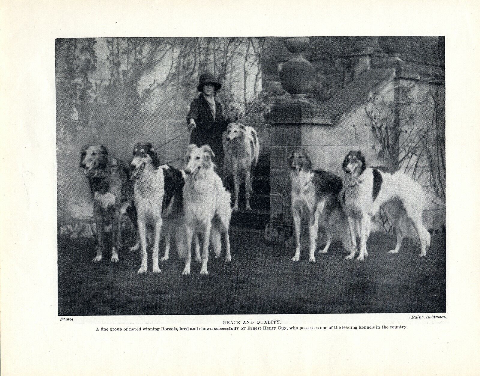BORZOI ORIGINAL VINTAGE DOG PRINT PAGE FROM 1934 LADY AND HER GROUP OF 6 DOGS