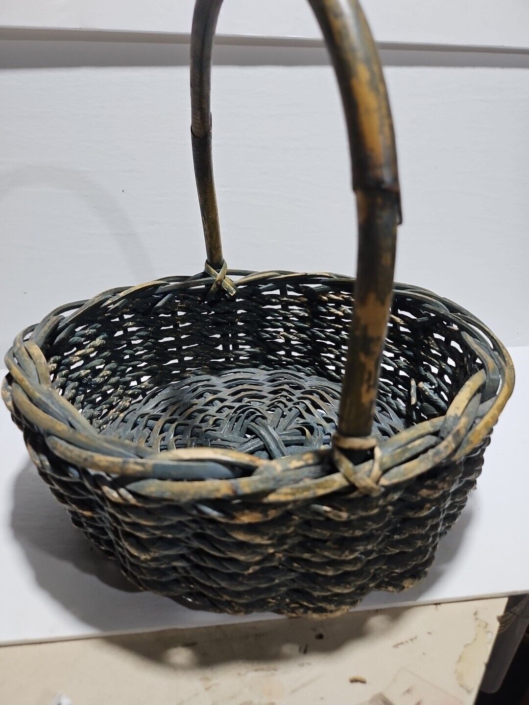 Antique Pennsylvania Dutch Willow Twig Wicker Basket Primitive OLD BLUE PAINT