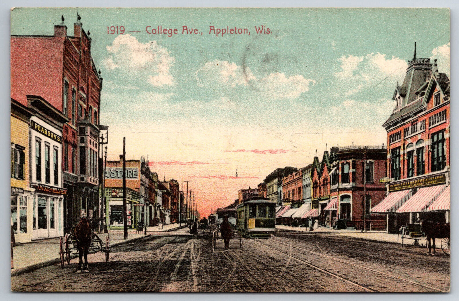 Vintage Postcard WI Appleton College Avenue Dirt Street Horse Cart Shops -*4166