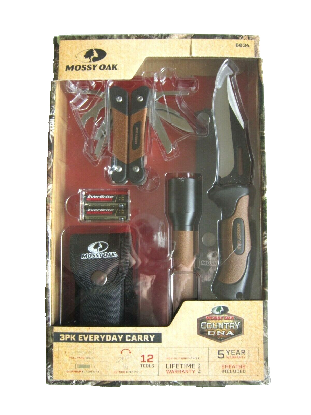 Mossy Oak 3PK Everyday Carry Knife & Sheath/Flashlight/Multi-Tool NIB