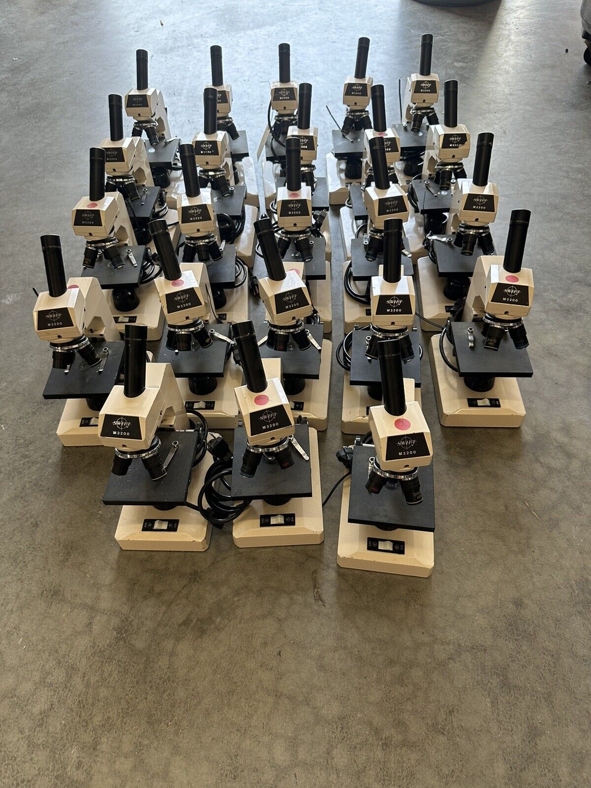 Lot Of 23 SWIFT M3200 Upright MICROSCOPES w/ Objectives And Light 