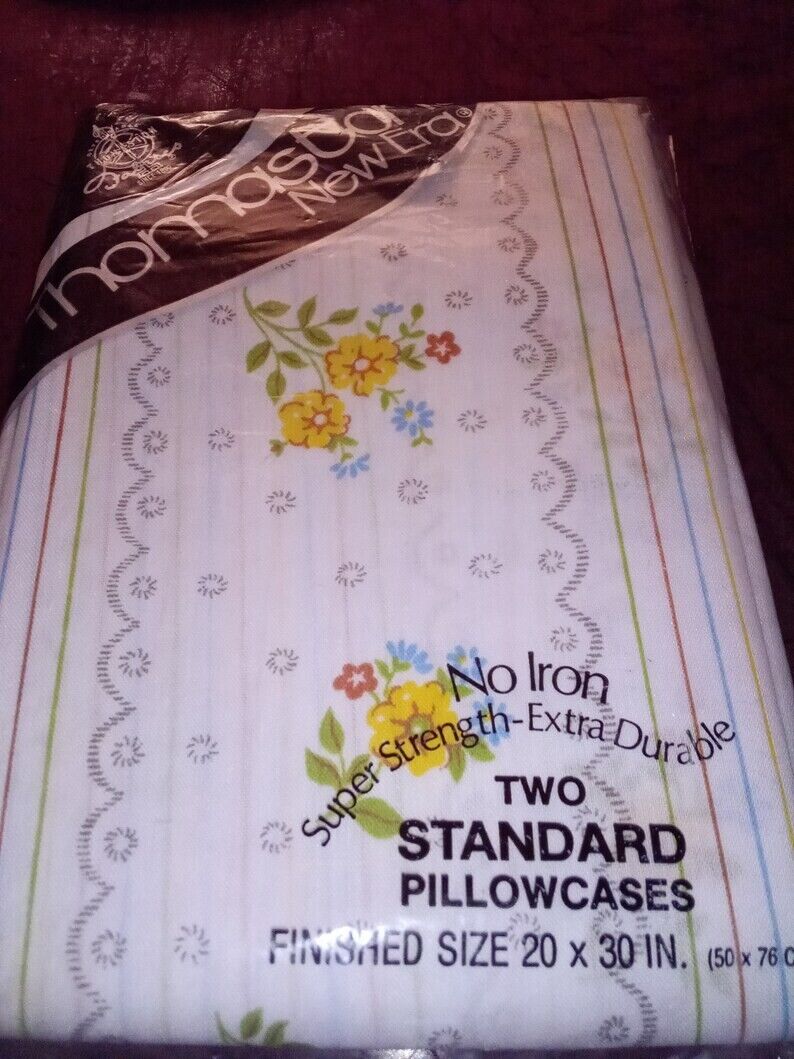 New Old Stock Vintage Two Standard Pillowcases White & Colorful Flowers Linens
