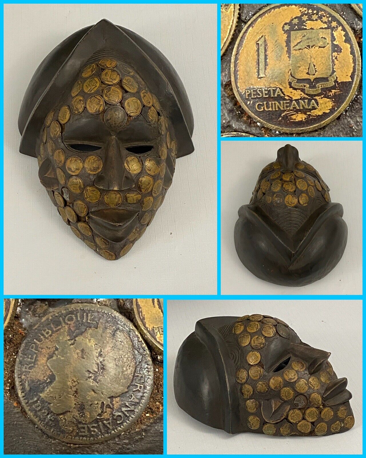 Authentic Handmade AFRICAN Sun Coin Face Tribal Wood Carved Mask - Cameroon