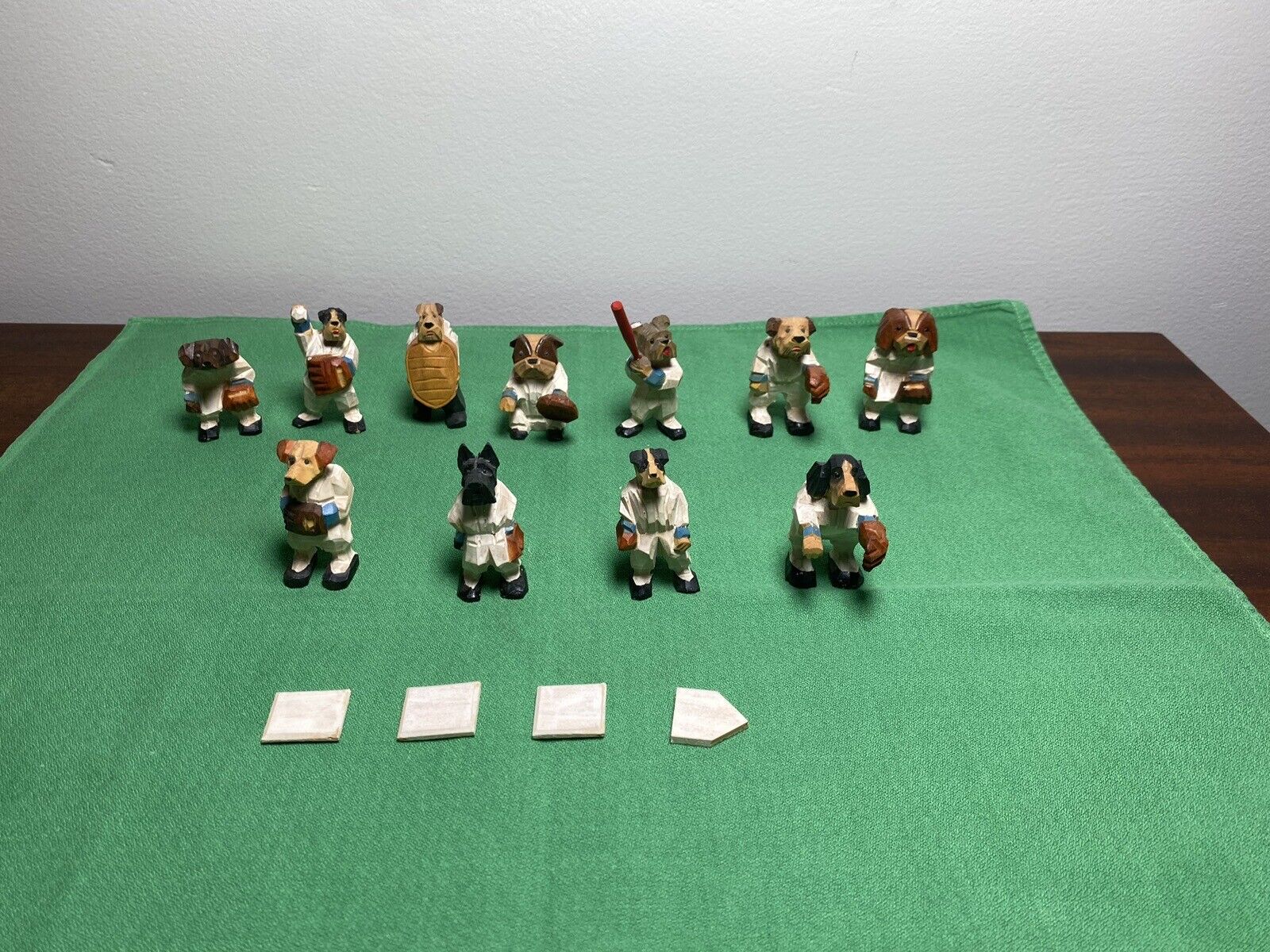 RARE 15 Pc Set Dog Baseball Team & Plates  Anri Hand Carved Wooden Miniature Vtg