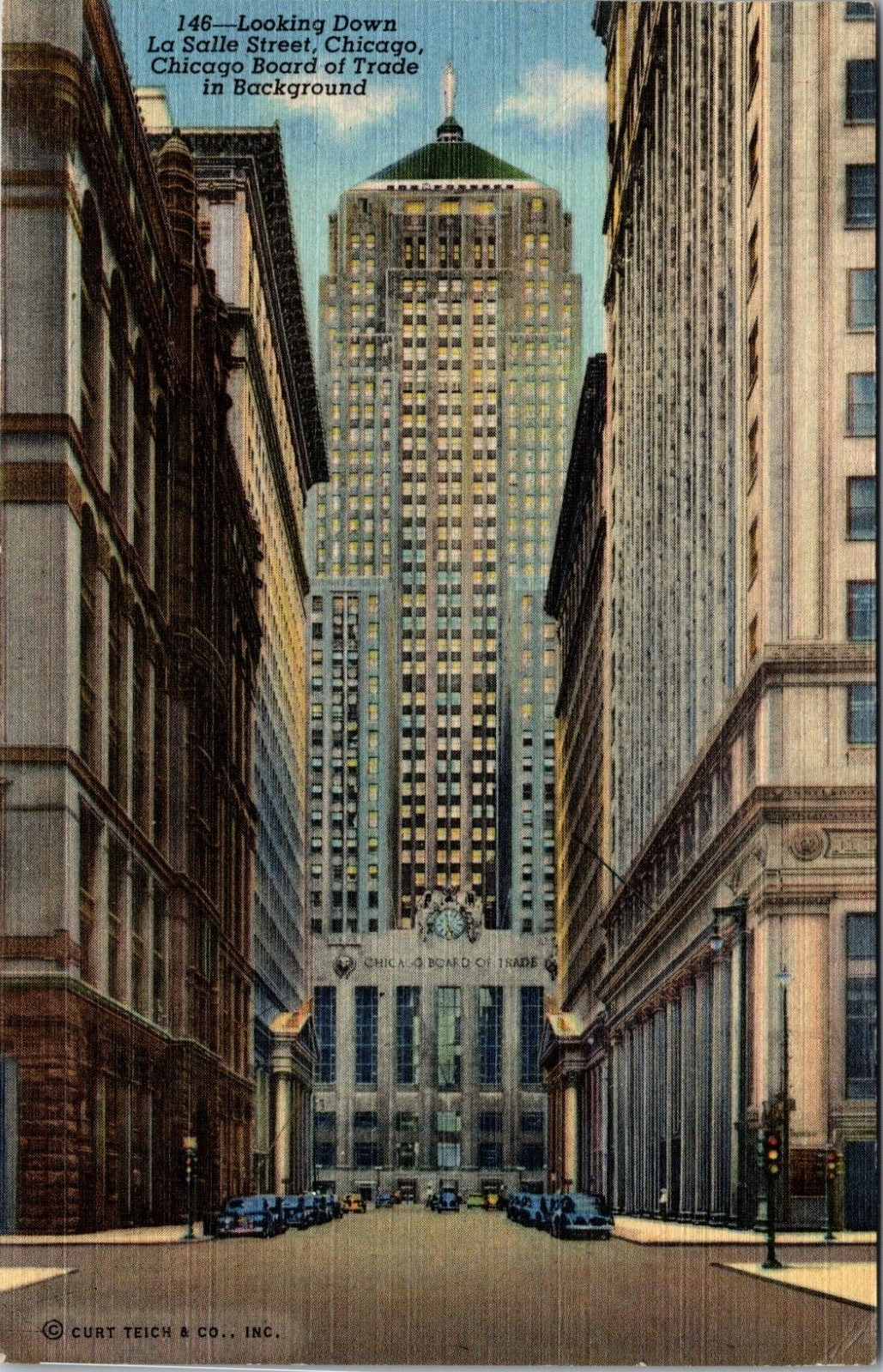 Post Card Looking Down La Salle Street Chicago Il. Board Of Trade In Background