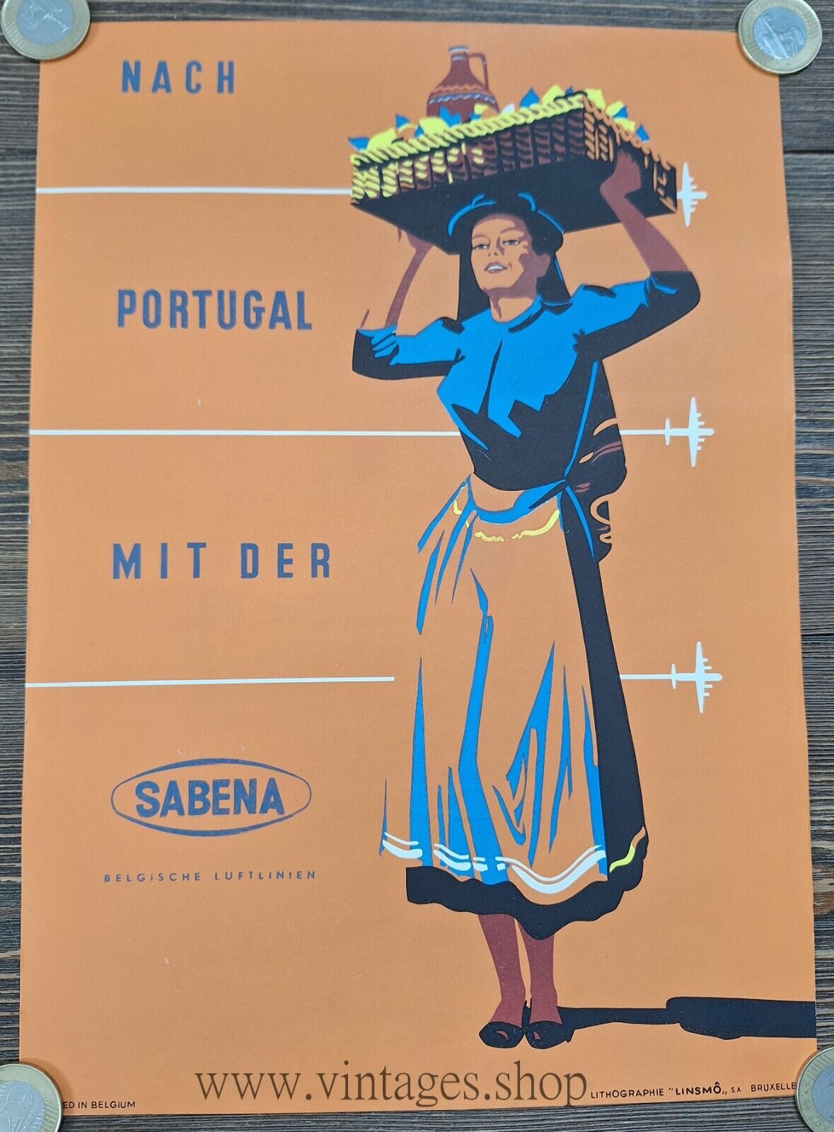 Vintage Original Airlines Aviation poster - Sabena Portugal 22cm x 34cm - 1950's