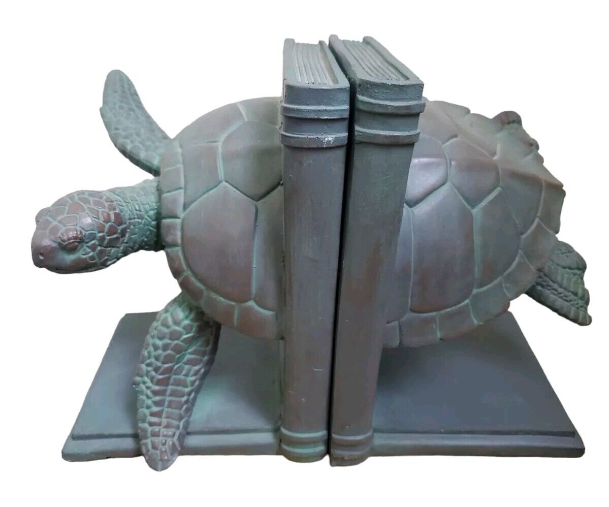 Vintage Sea Turtle Bookends Green Resin Unmarked Nautical Ocean Sea Life Set 6\