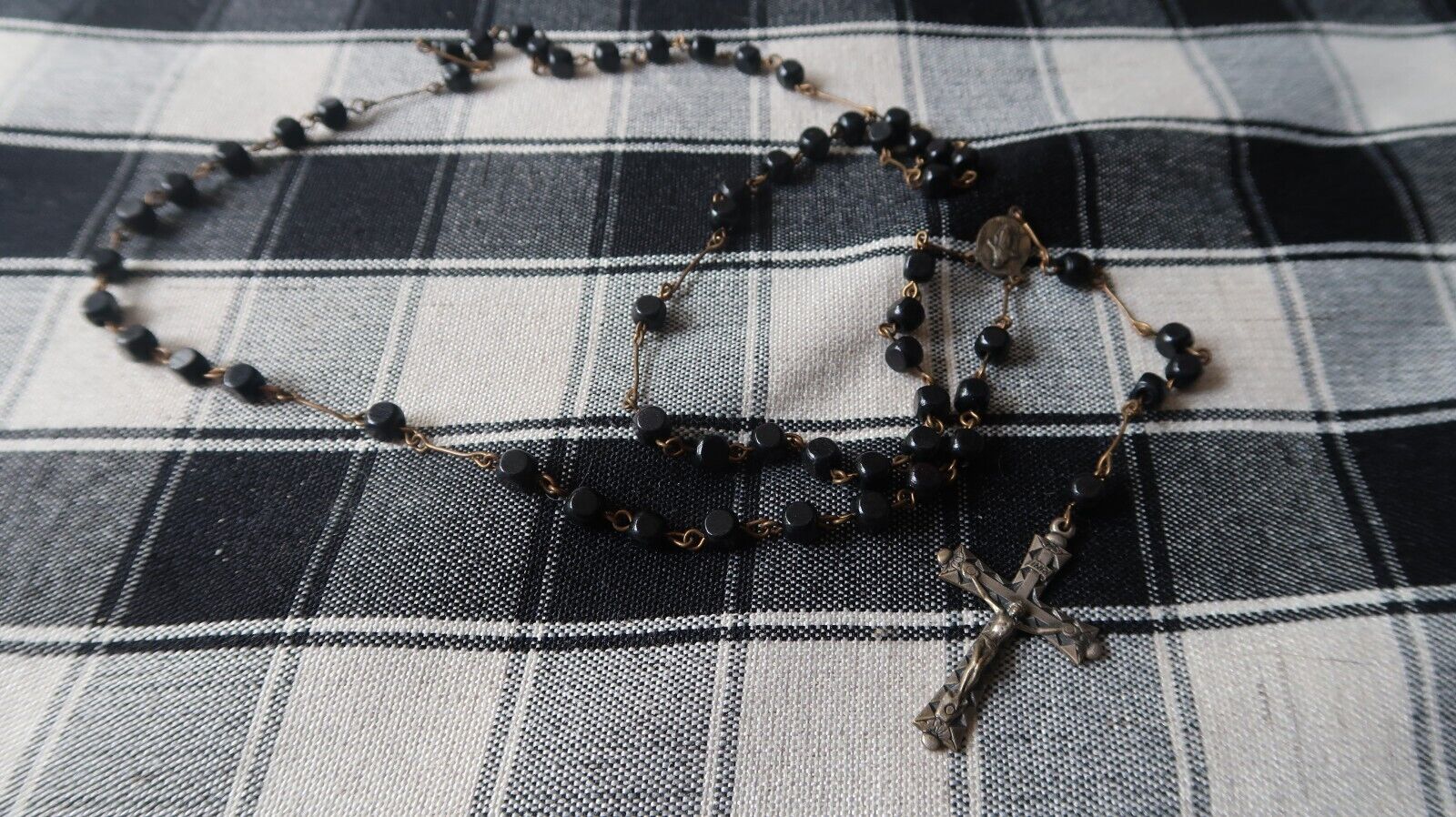 Vintage Antique Black Wood Bead Rosary
