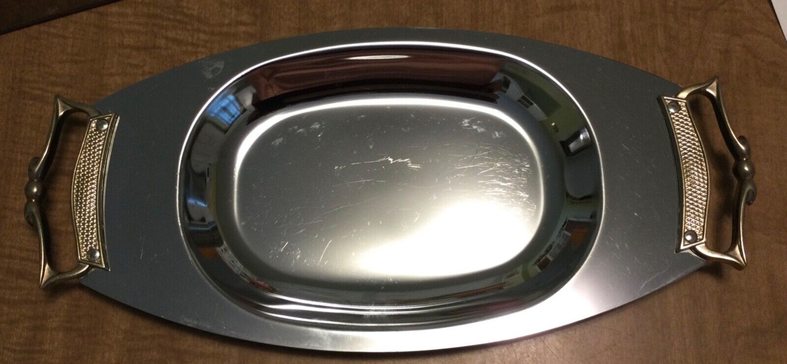 Kromex Chrome Tray Long Metal Serving Dish Gold Handles Mod 1960\'s Made in USA