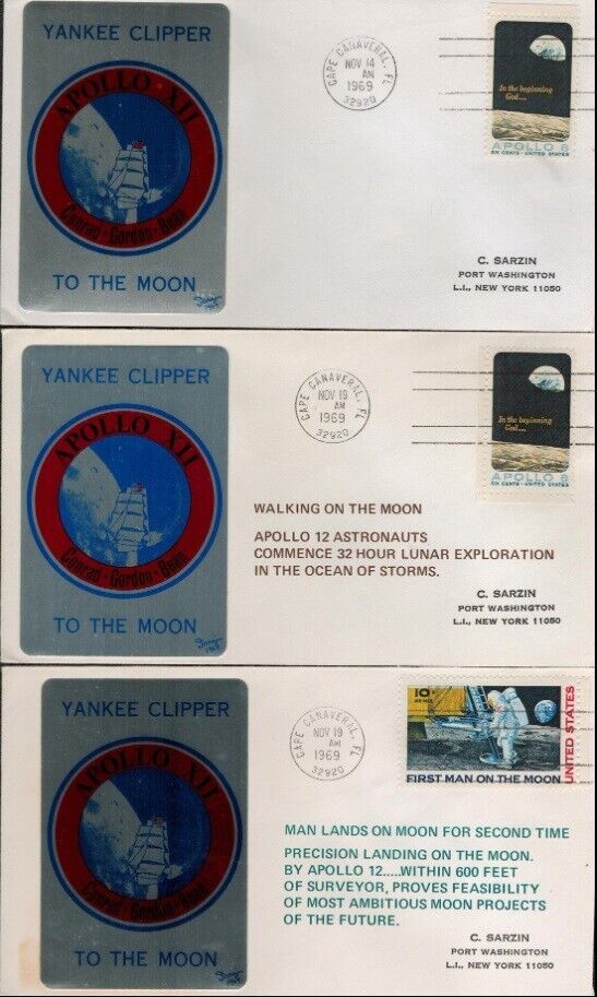 Apollo 12 - three original 1969 'Yankee Clipper To The Moon' FDCs with AFTAL COA