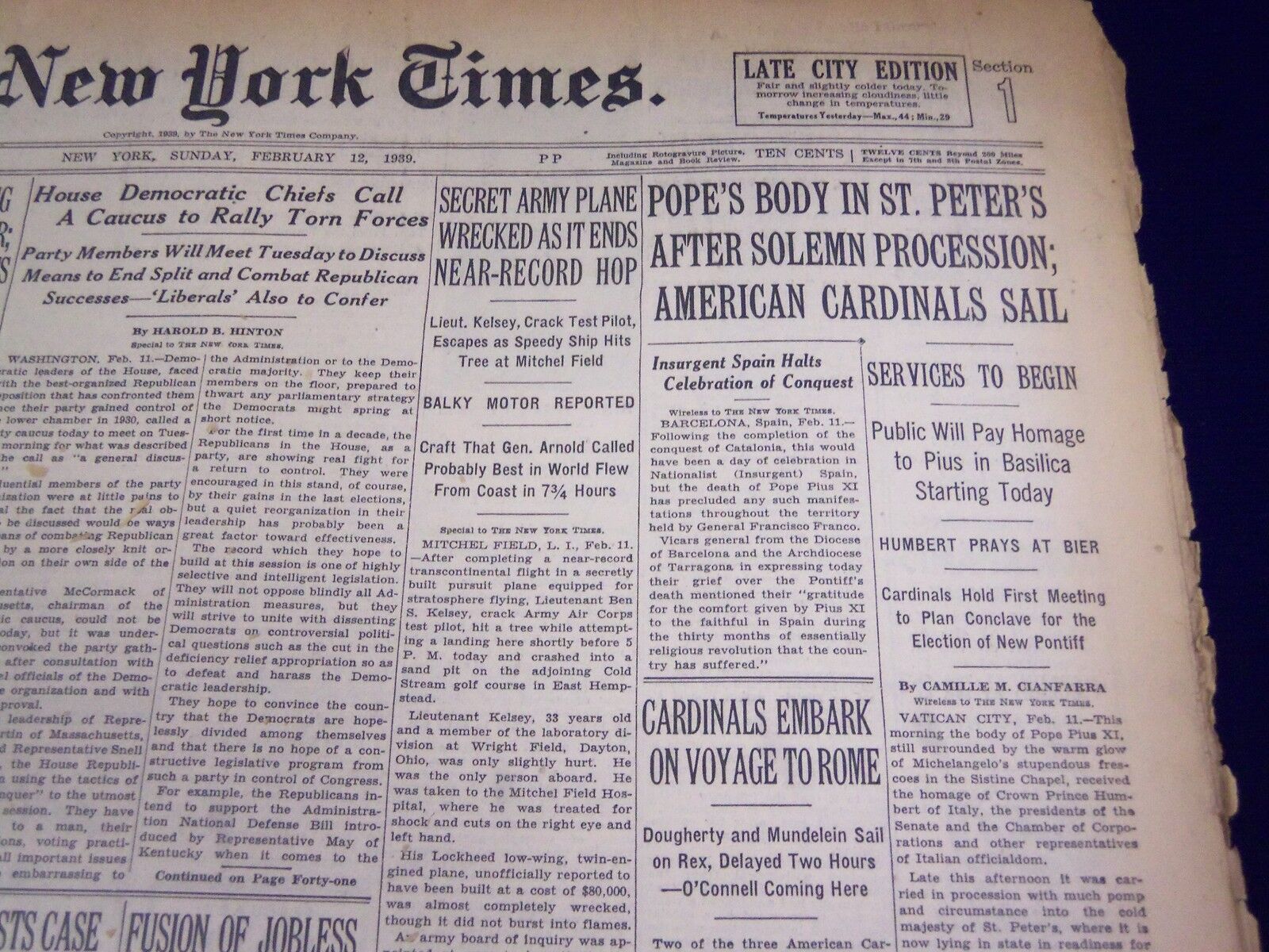 1939 FEB 12 NEW YORK TIMES - POPE'S BODY IN ST. PETER'S AFTER SOLEMN - NT 591