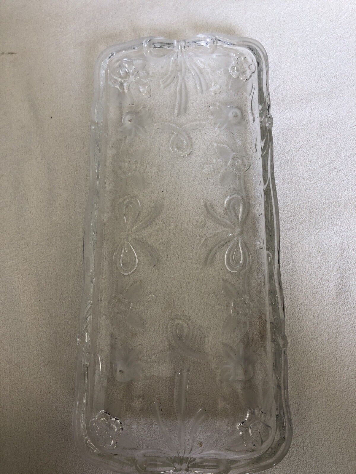 Vintage Clear Glass Serving Tray Bow And Floral Design 5x13”