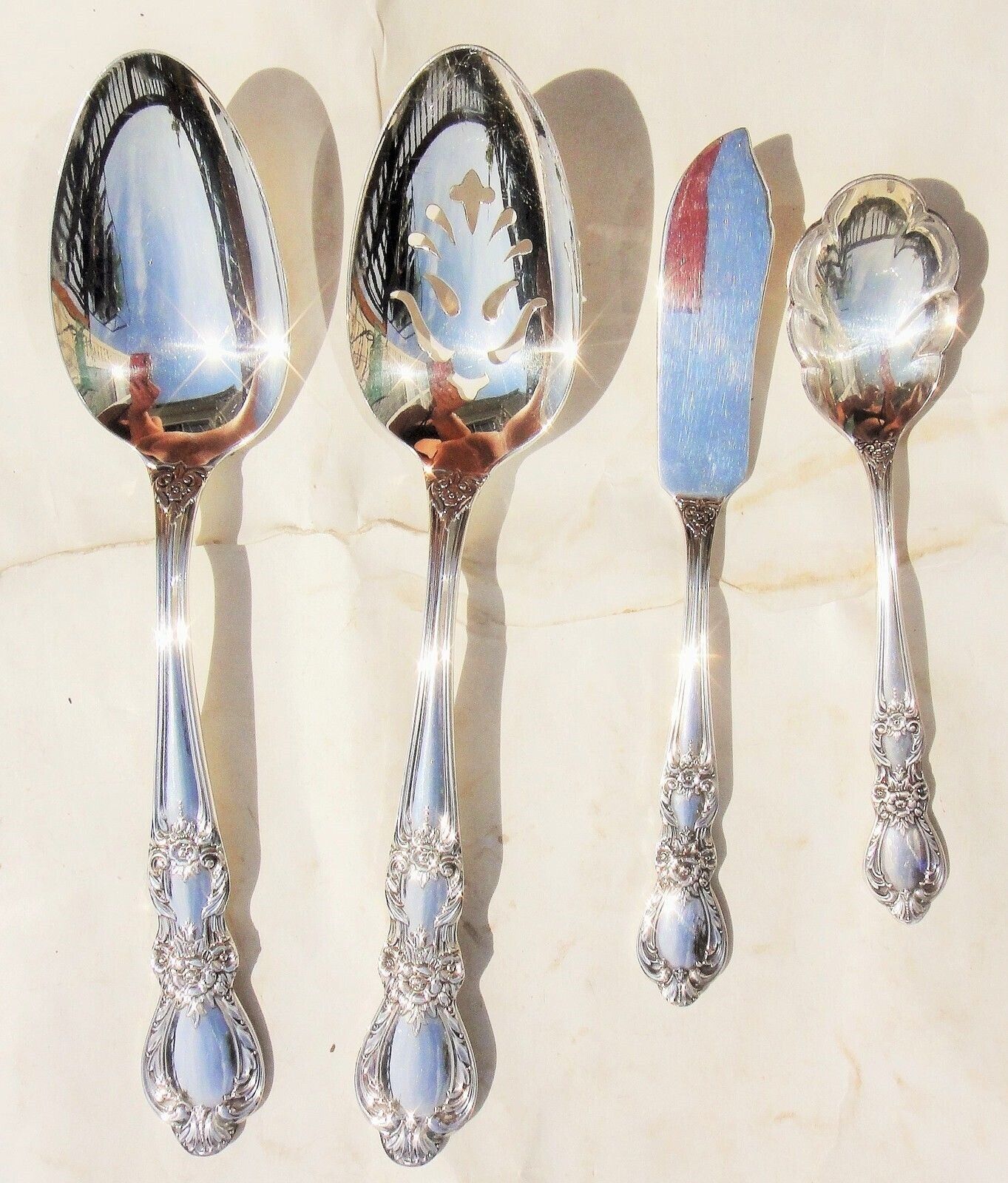 antique 1847 ROGERS HERITAGE SILVERPLATE FLATWARE 4pc SERVING SPOON,JELLY,KNIFE