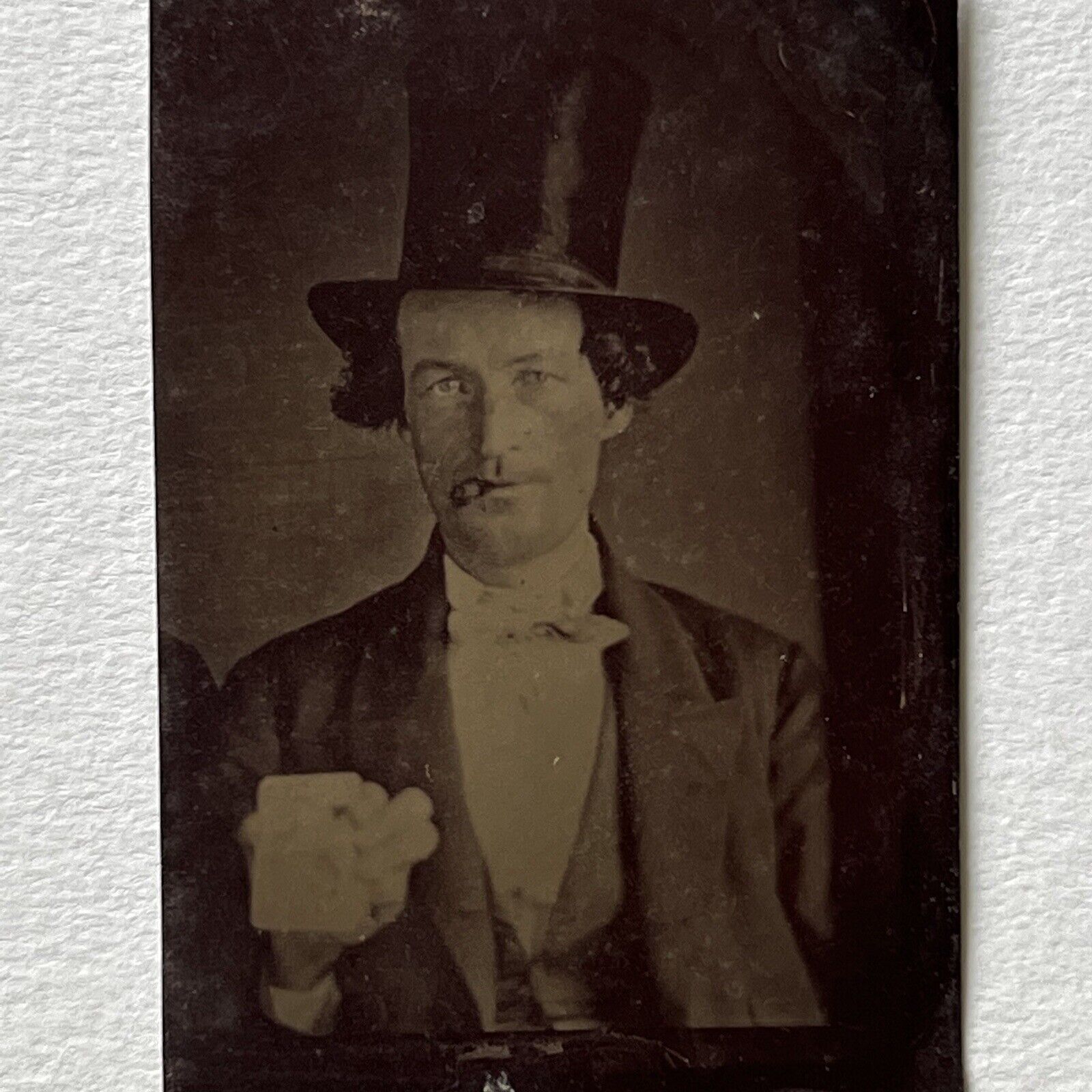 Antique Tintype Photograph Handsome Man Top Hat Cigar Holding Card Magician?