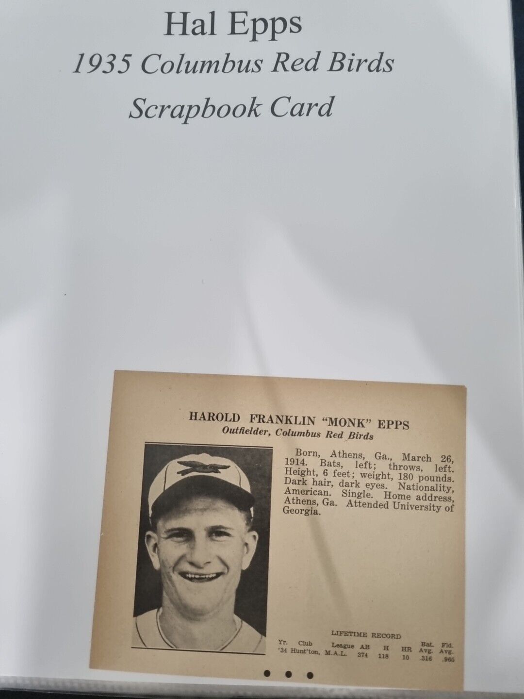 1935 Hal Epps Scrapbook Card - Columbus Red Birds - Vintage Baseball Memorabilia