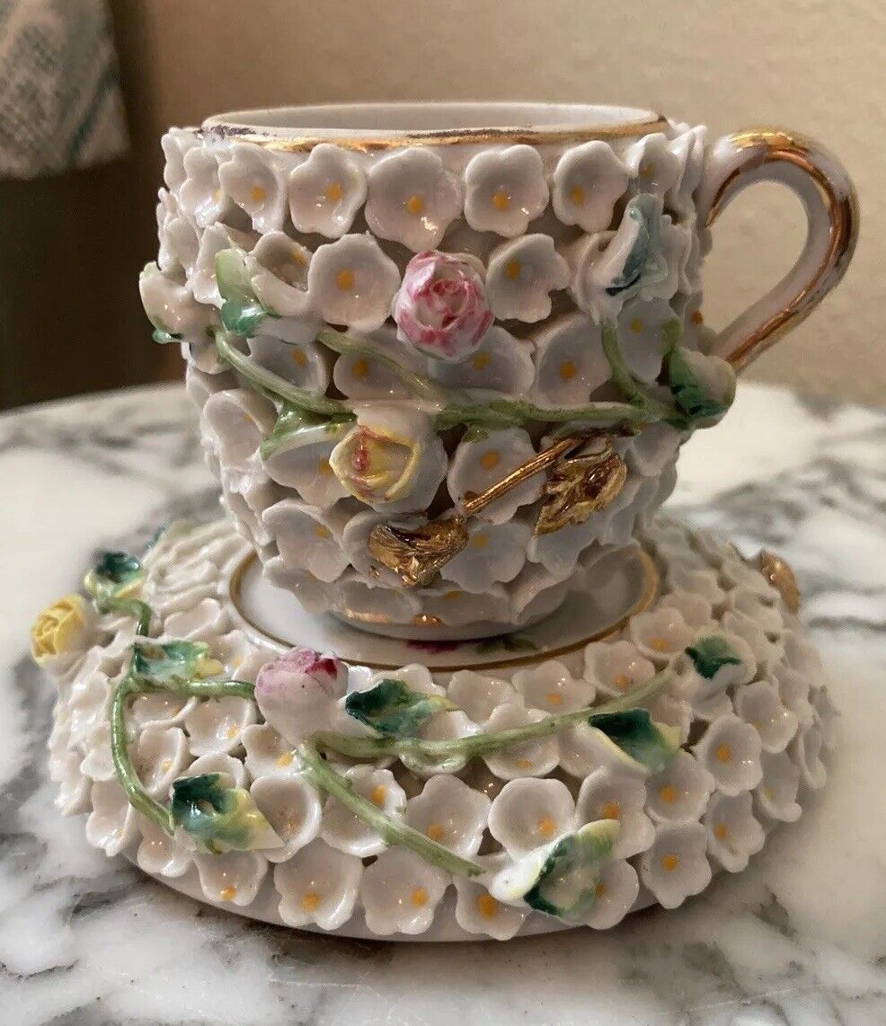 Late 19th Century Dresden Porcelain Teacup & Stand Floral Tea Vintage