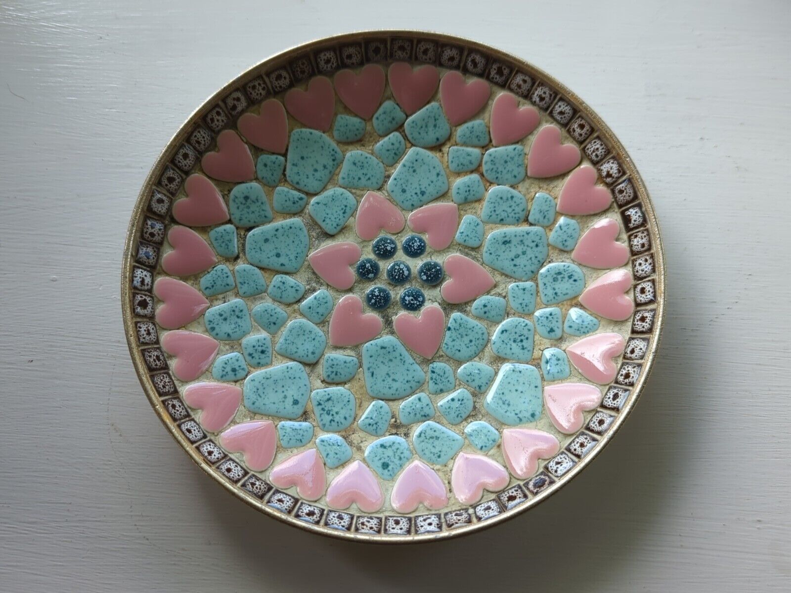 Vintage Mosaic Tile Pink Hearts Plate Bowl Trinket Dish Granny Cottage Core 8.5\