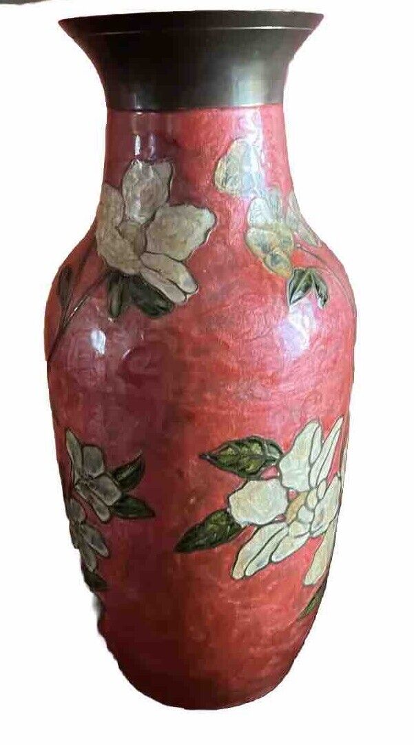 Cloisonné Pearl Tangerine Red Solid Brass Vase, Enameled Flower Design, 10 1/2”H