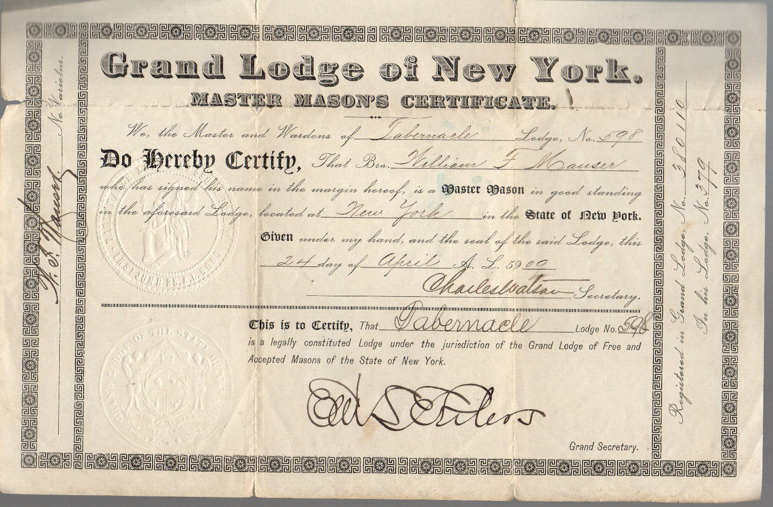 Original 1909 Master Mason's Certificate Tabernacle Lodge #598 New York
