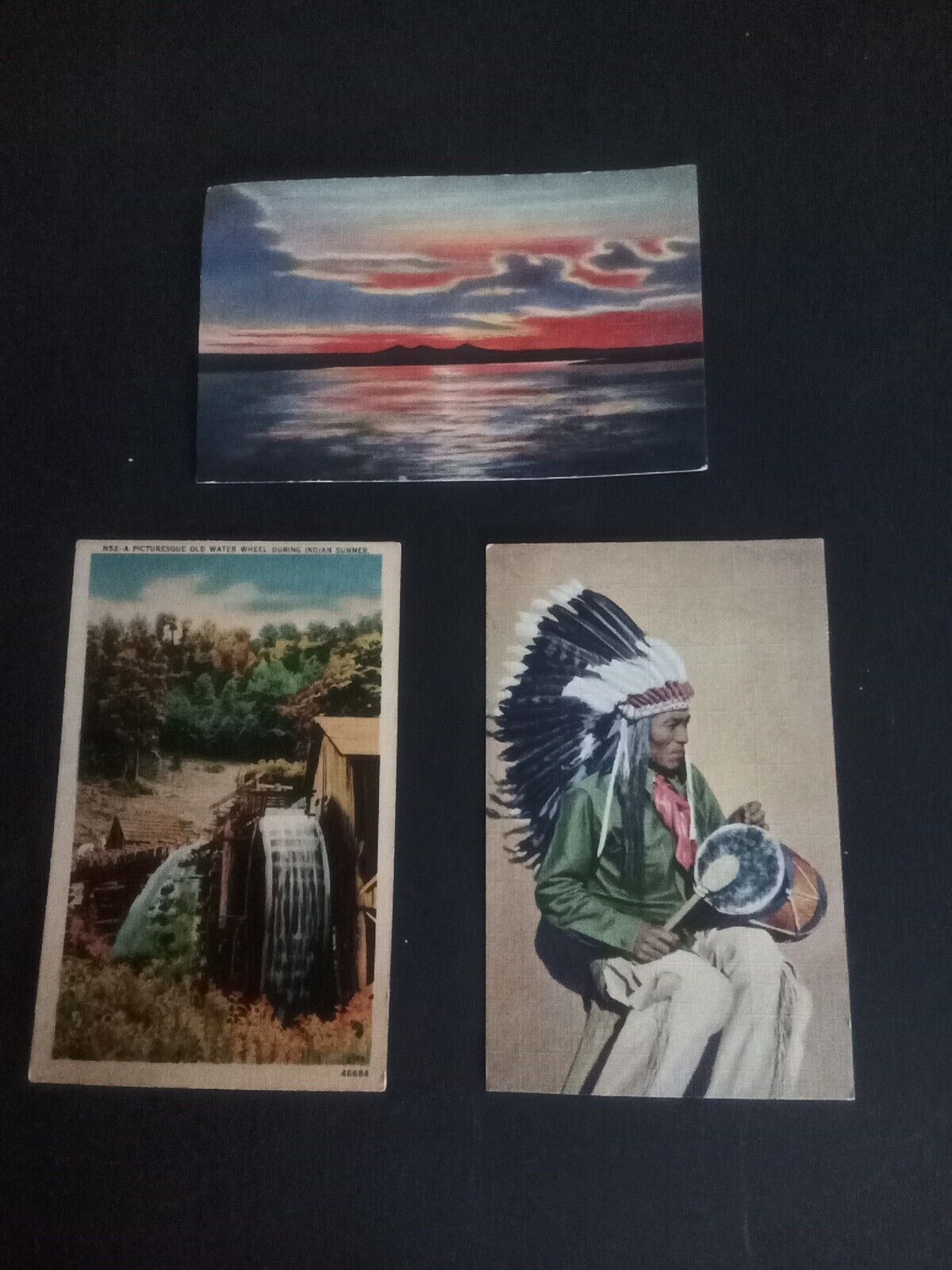 3 Vintage Postcards Pablo Indian Drummer Water Wheel Indian Summer And Sunset On