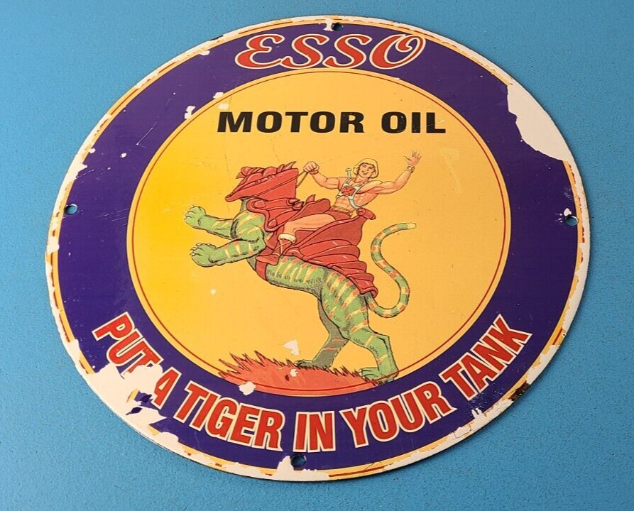 Vintage Esso Gasoline Sign - Mattel Gas Service He-Man Battle Cat Porcelain Sign