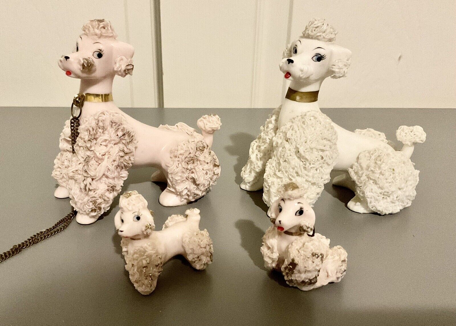 Vintage Spaghetti Poodle Dog Mom & Dad with Two Baby Puppies On Chain Bradley