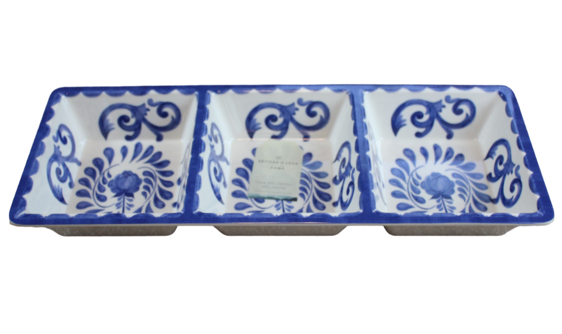 Artisan De Luxe Blue Rose Scroll Divided Serving Dish Tray 14.75\