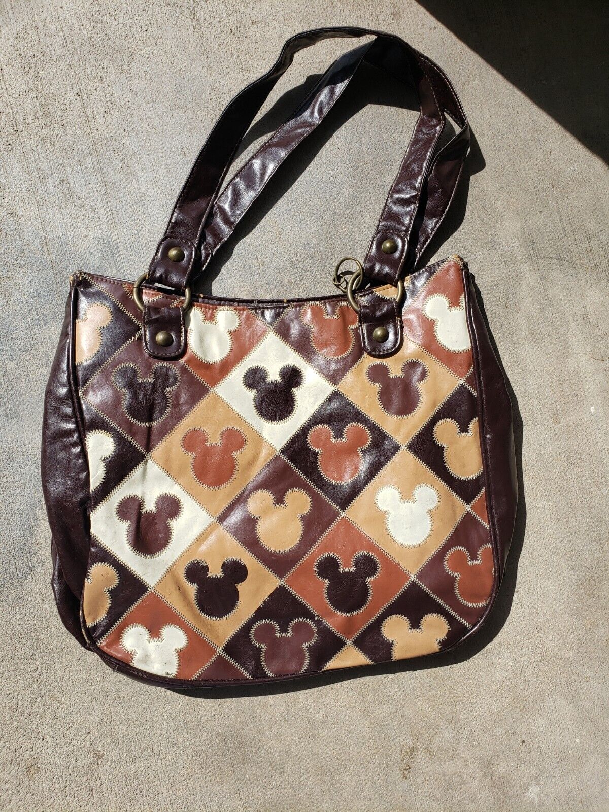 Disneyland Parks Mickey Mouse faux leather Brown Tan White Shoulder Purse Bag. 