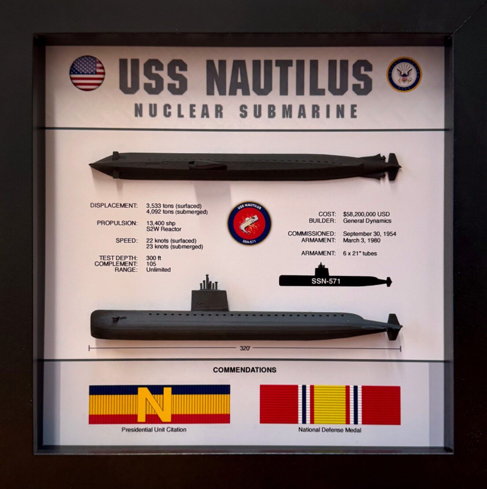USS Nautilus Submarine Memorial Display, SSN-571, Shadow Box, 9\
