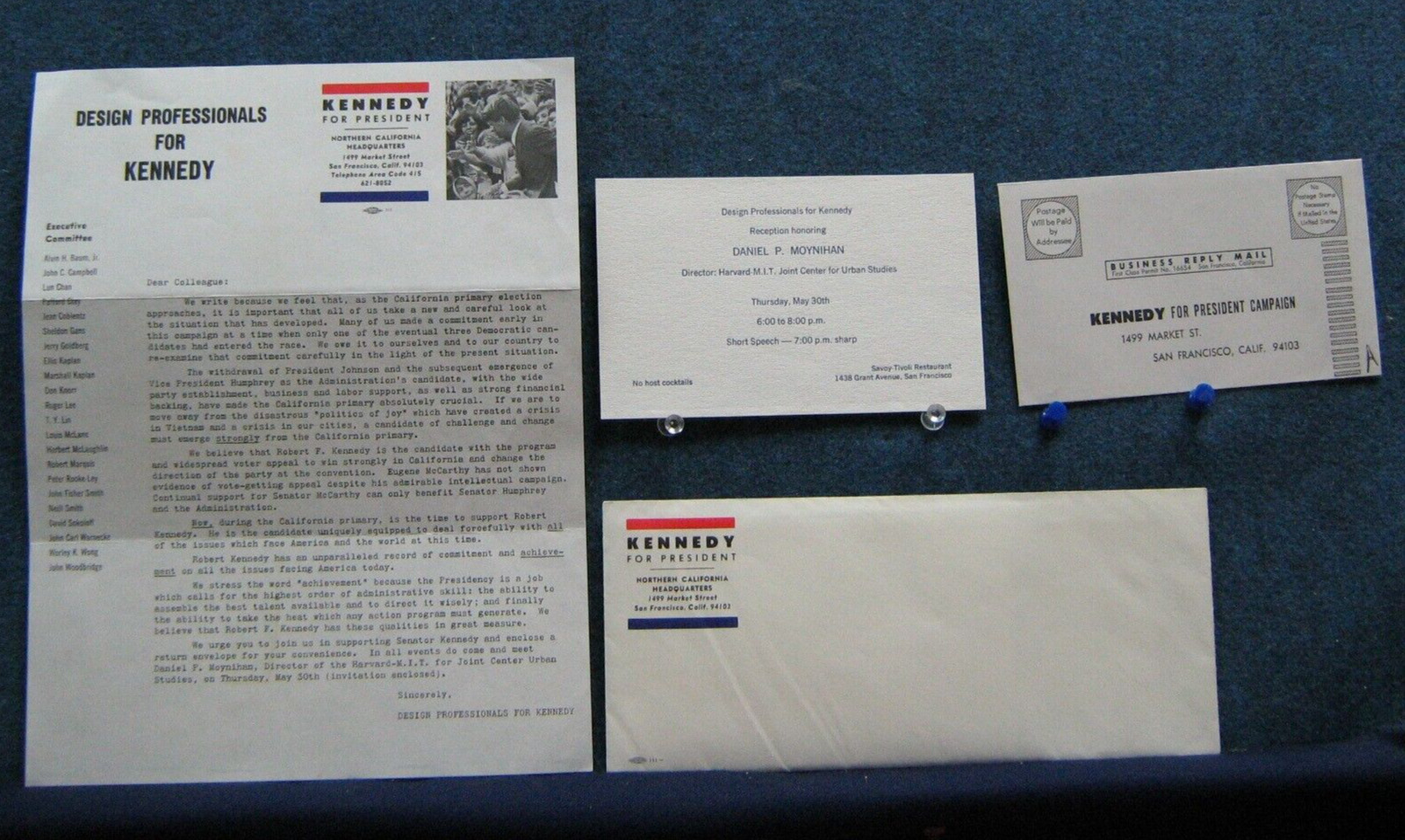 1968 RFK DESIGN PROFESSIONALS FOR KENNEDY Unopened Letter & Contents  S.F. H.Q.