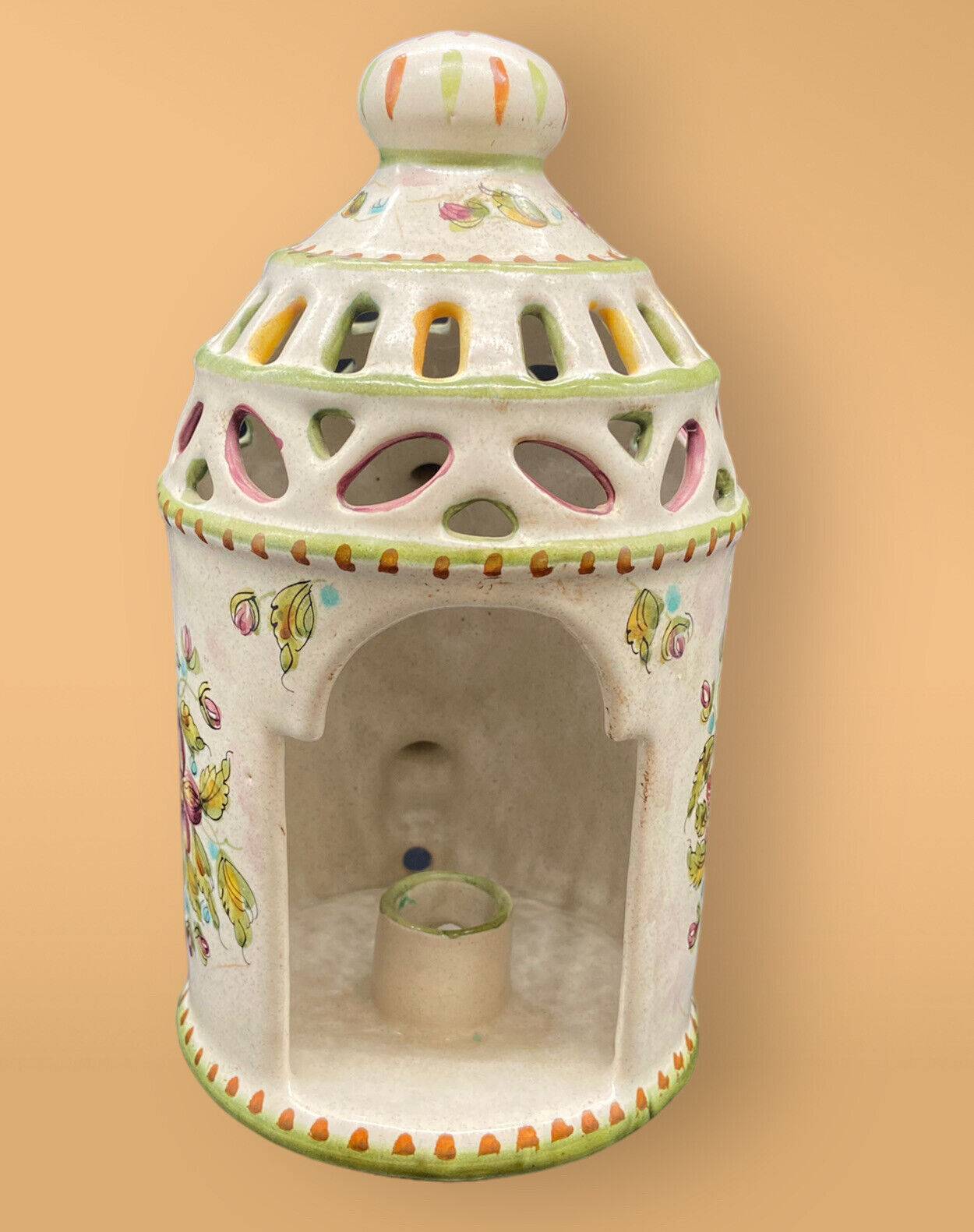 VTG Italian 19th Century Earthenware Lantern Candle Holder Hand Painted Majolica