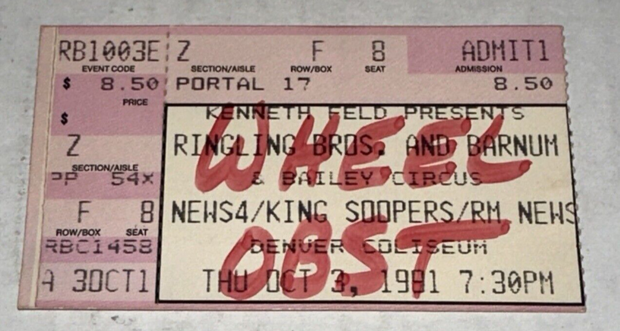 10/3/91 Ringling Bros Barnum Bailey Circus Denver Coliseum Ticket Stub Feld VTG
