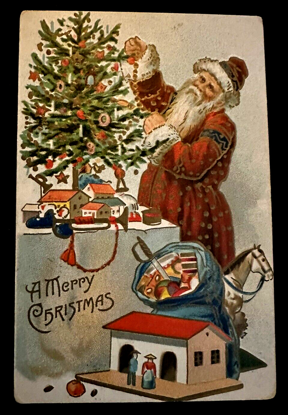 Fancy Red Robe Santa Claus Decorates Tree~Toys~Antique Christmas~Postcard~k383
