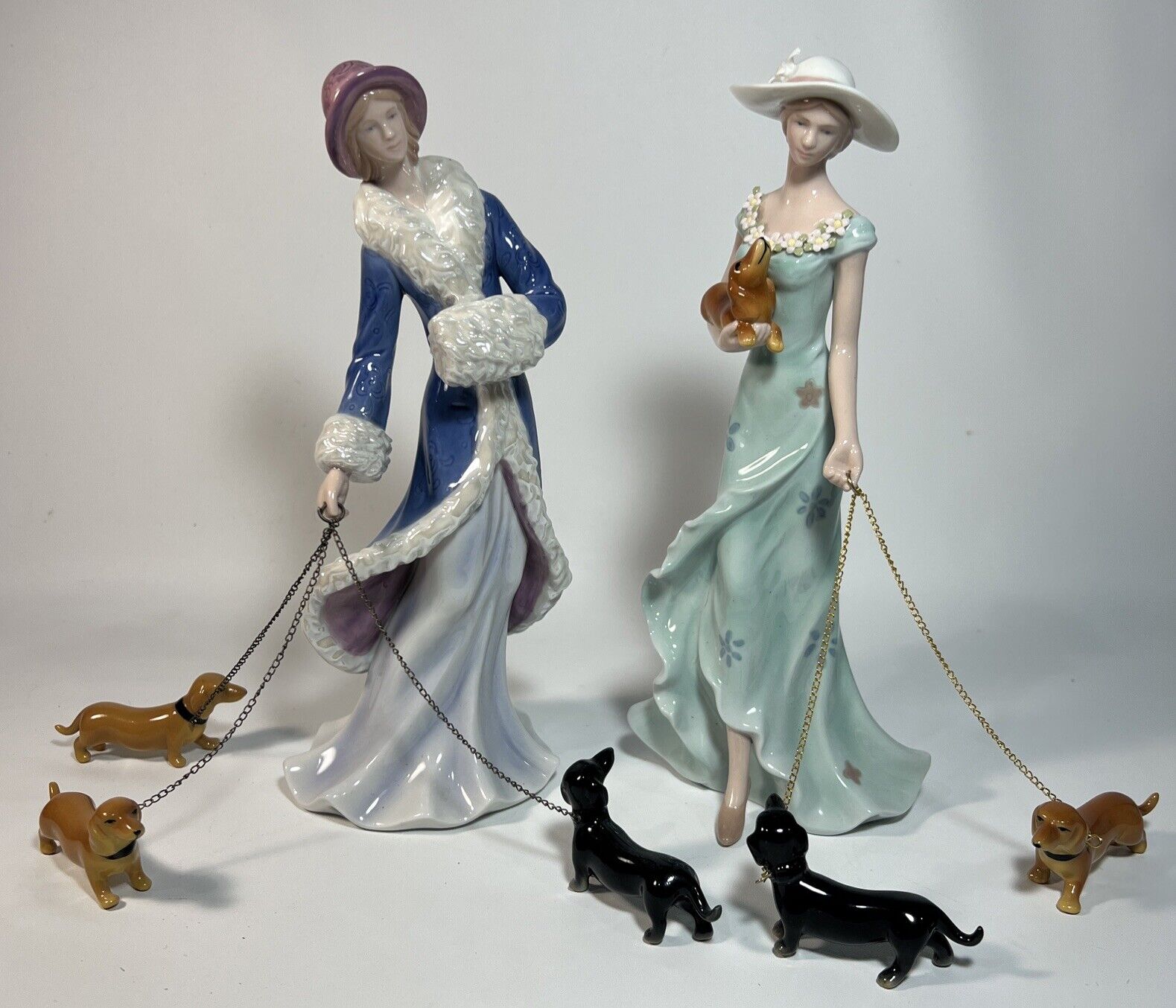 2 Danbury Mint Springtime Stroll, Winter Walk With Daschunds Figurines VNTG Rare