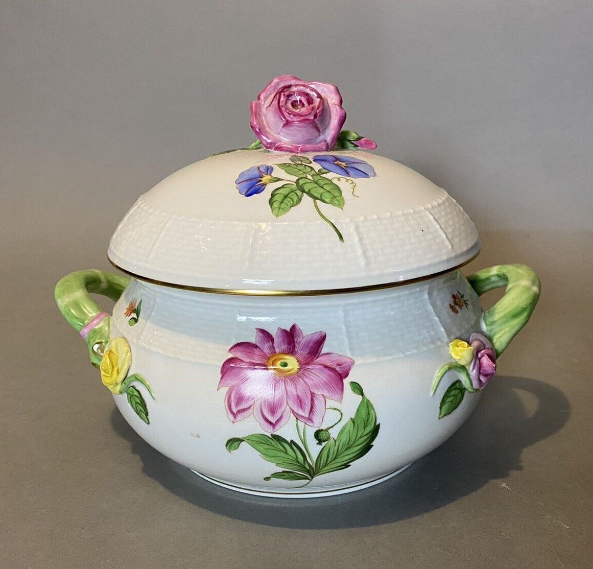 Herend Porcelain Floral Decorated Large Handled Tureen with Cover