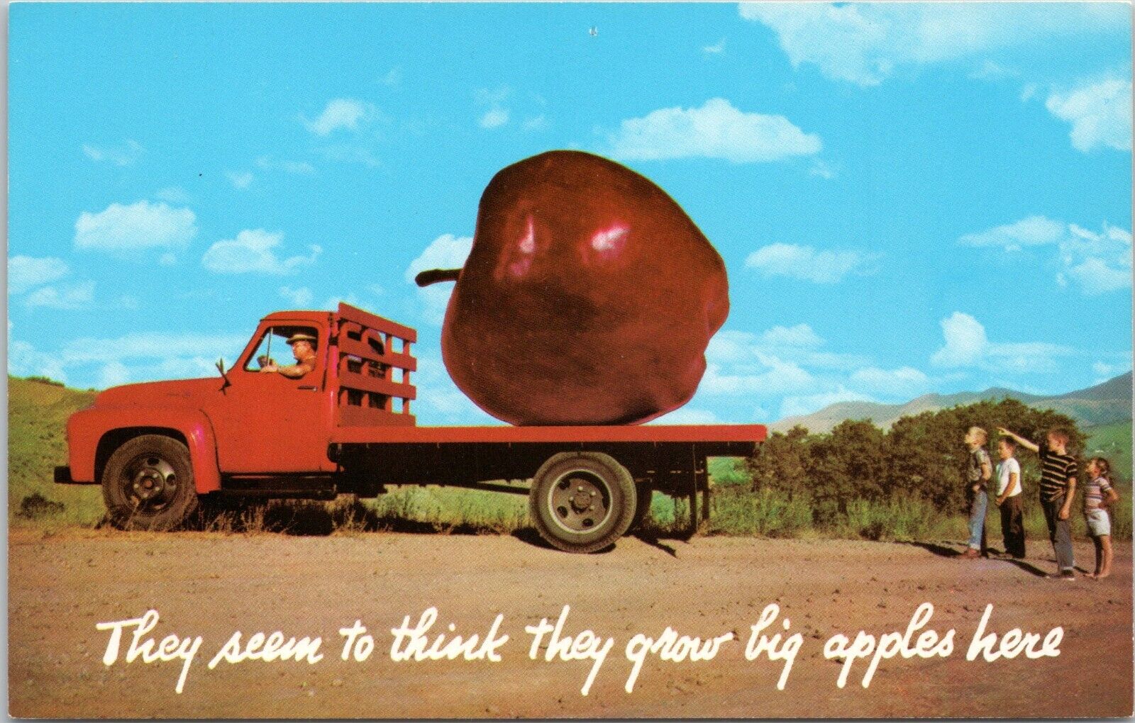 Exaggerated Apple on Flatbed Truck - Kids Amazed - Fantasy Chrome Postcard