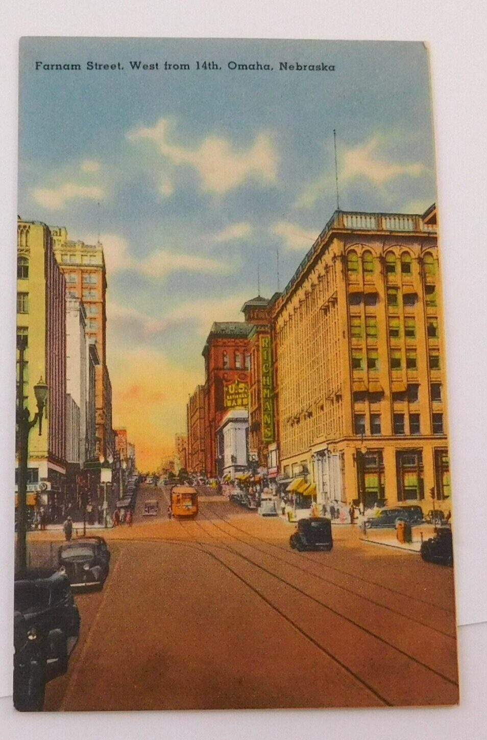 Farnam Street, West from 14th Street Omaha, Nebraska VTG Linen Postcard 1951