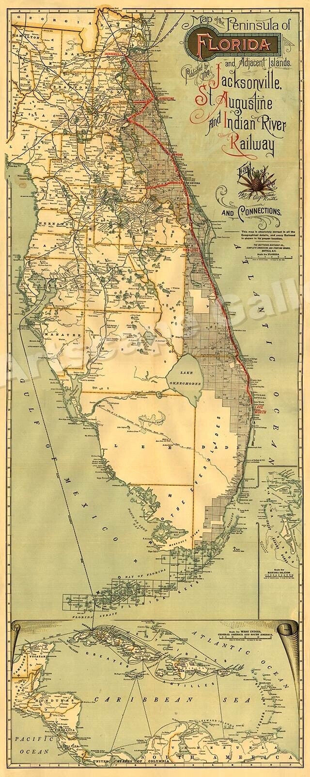 1893 Map of the Peninsula of Florida & Railroad Line Map - 16x36