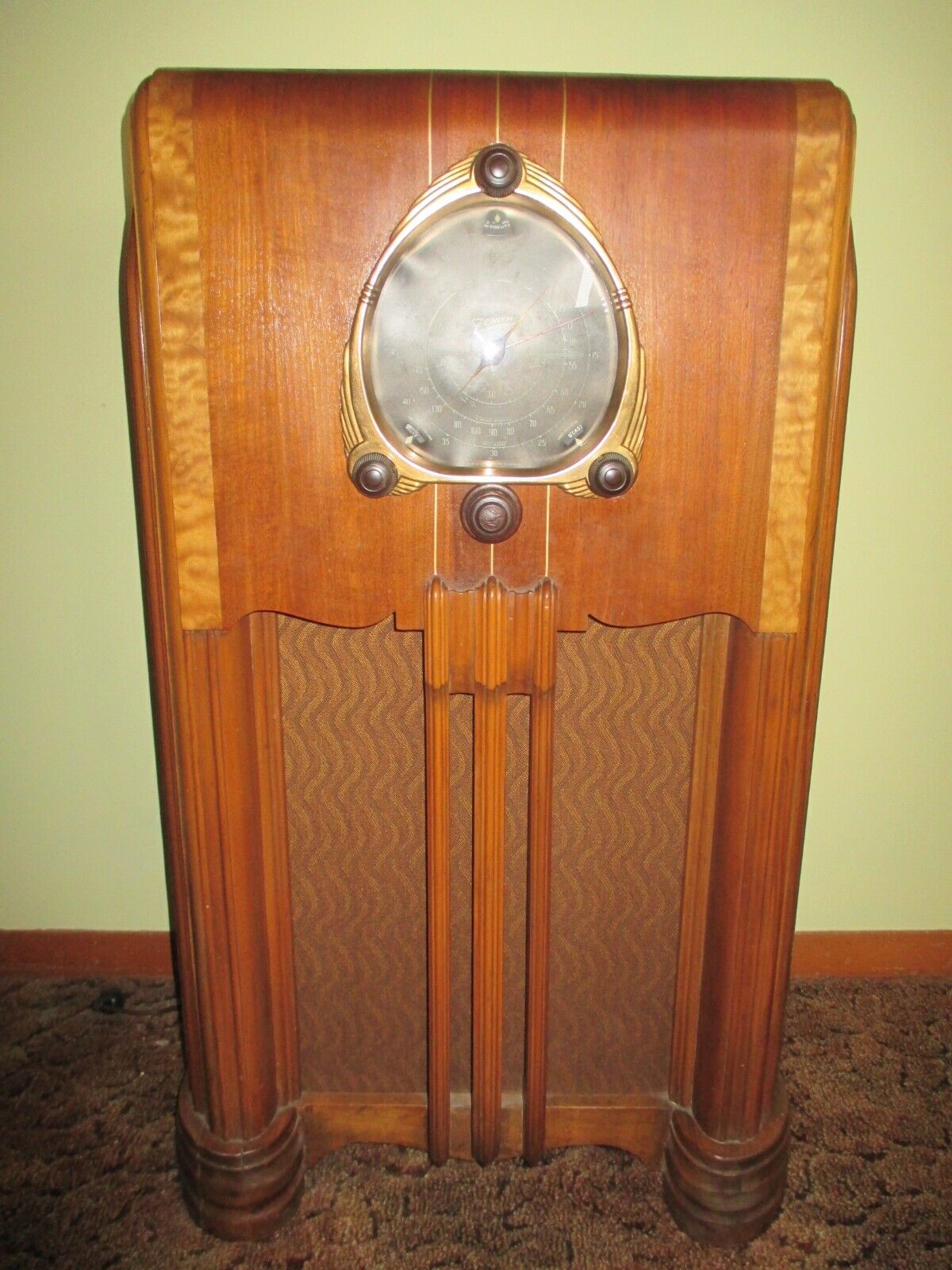 Vintage 1937 Zenith 6-S-254 Tear Drop Console Tube Floor Radio Light Sound Works