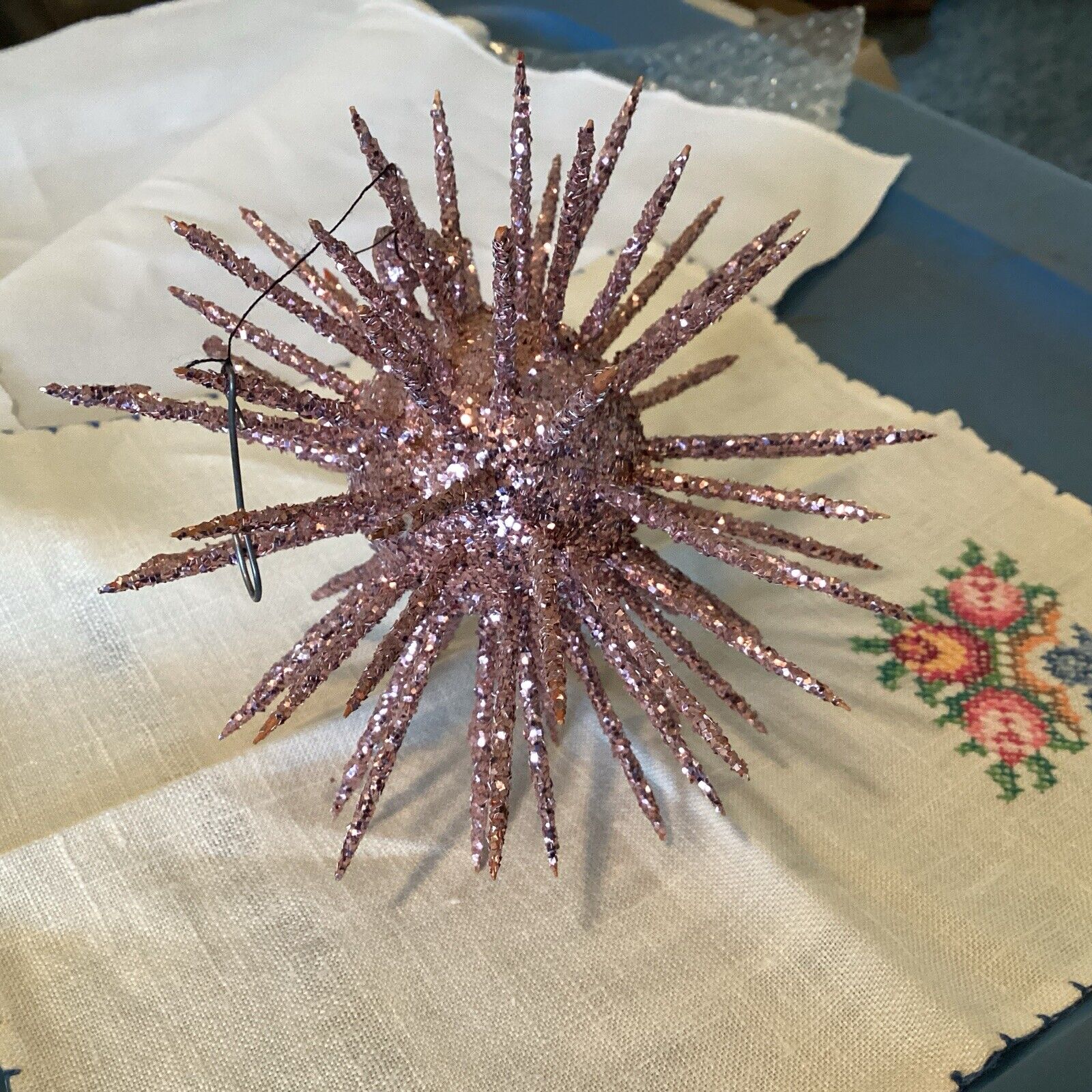 Vintage Large Pink Glitter Sputnik Shaped Christmas Ornament Rare