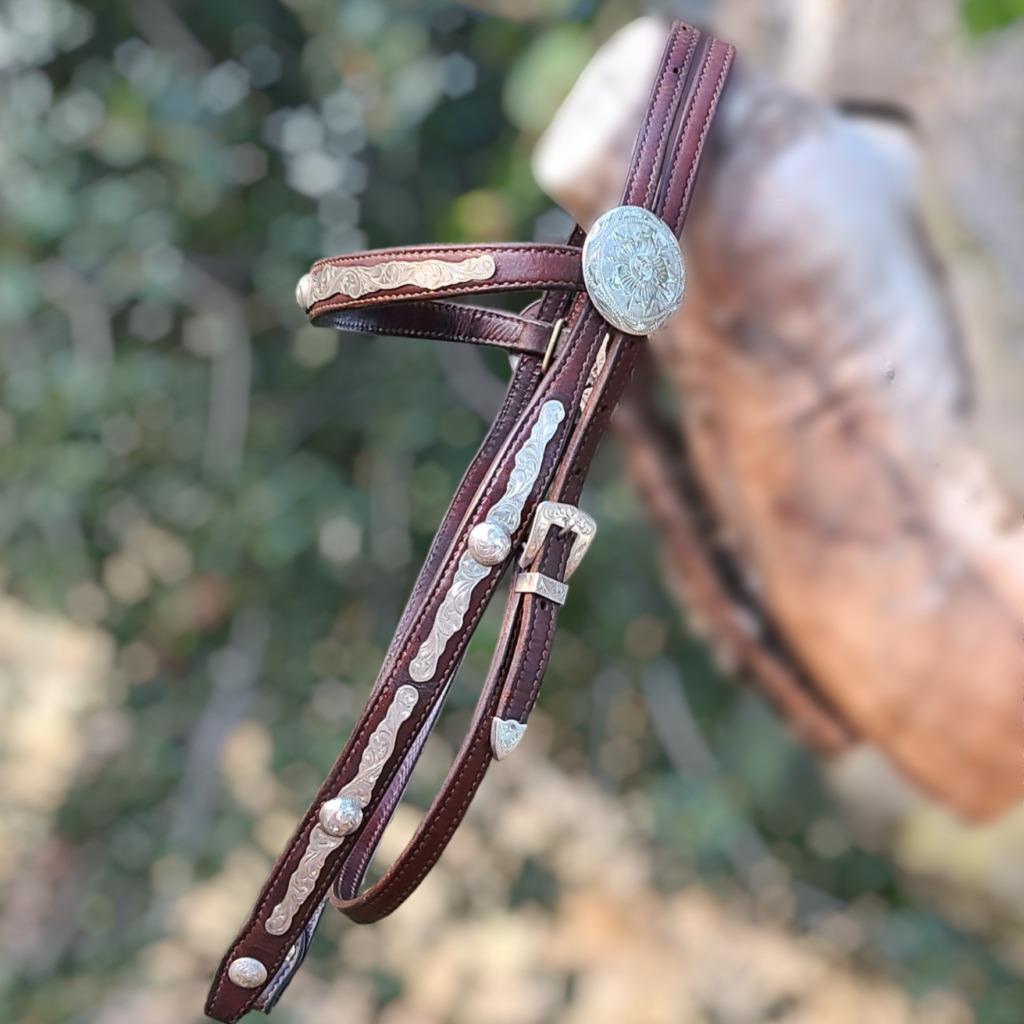 Vintage Victor Quality Sterling Silver Leather Browband Western Show Headstall
