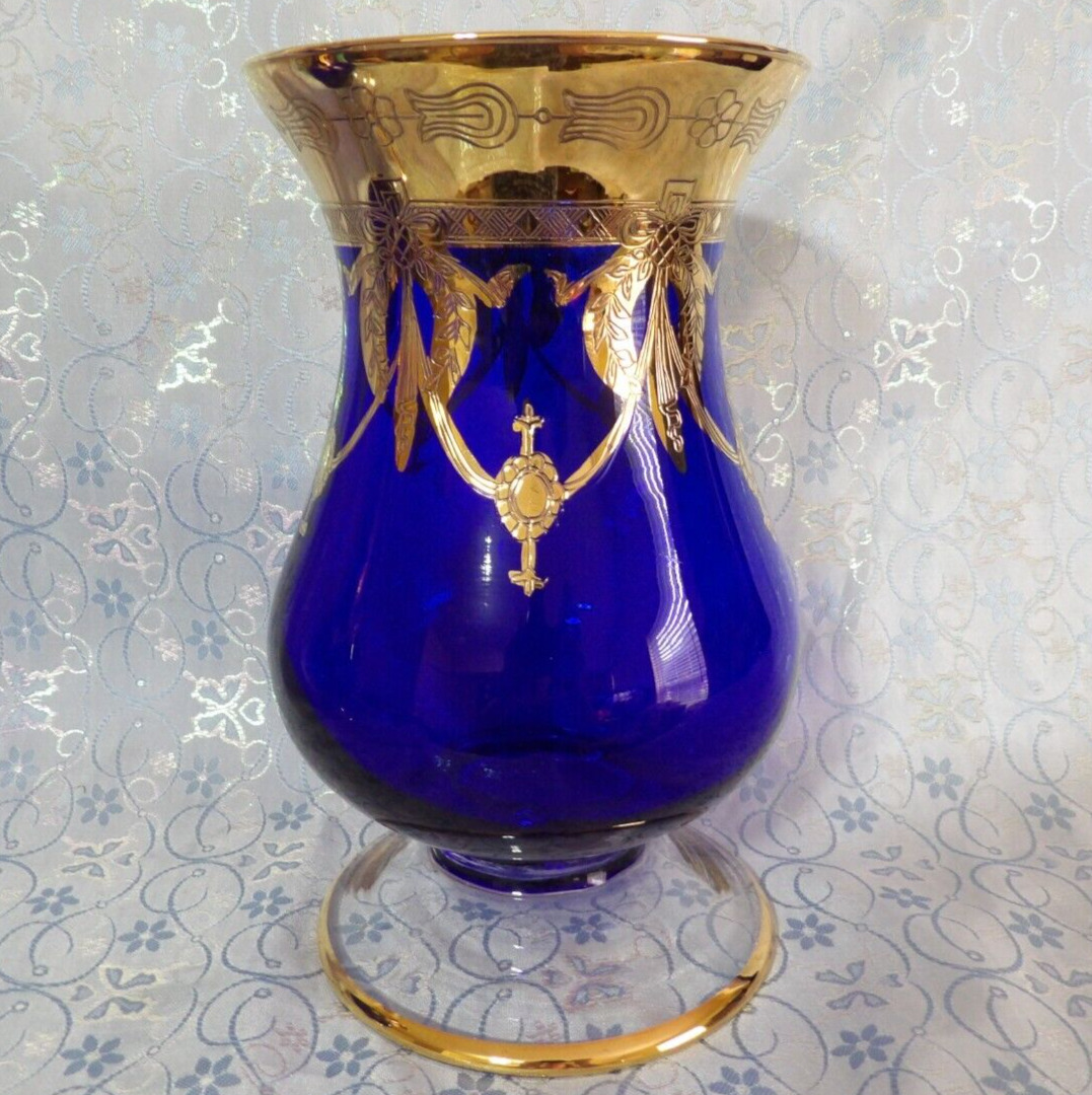 Bohemian Cobalt Blue Vase with Heavy Gold Gilding