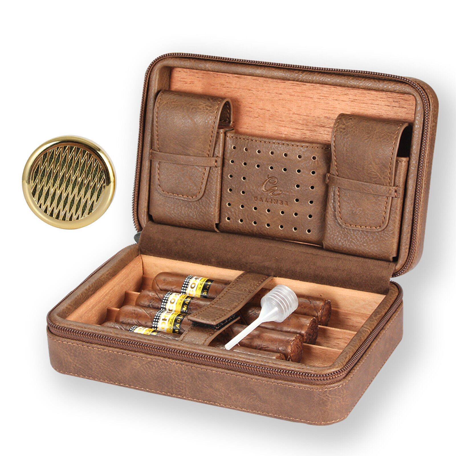 Brown Cigar Humidor Case Portable Cedar Leather Travel Humidor Humidifier
