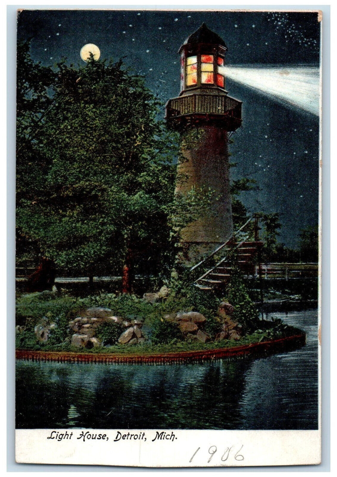1906 Light House By Moon Night Scene Detroit Michigan MI Antique Postcard