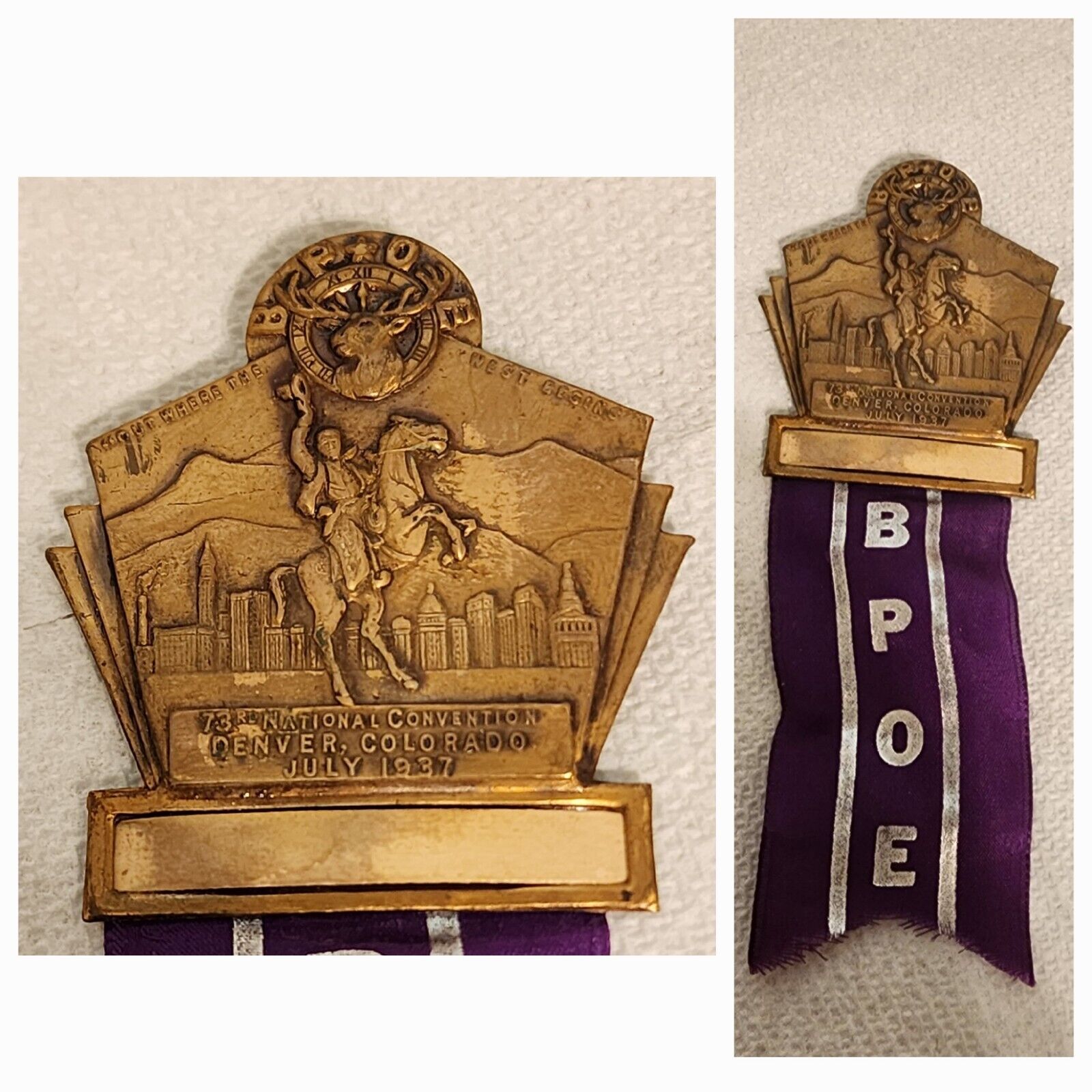 Vintage 1937 BPOE ELKS Denver Colorado 73rd National Convention Pin/Ribbon 