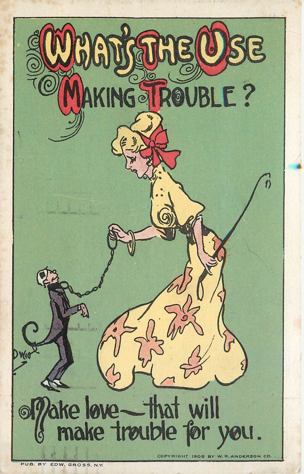 S/A Dwig Postcard Big Woman Little Monkey Man on a Chain Make Love Make Trouble