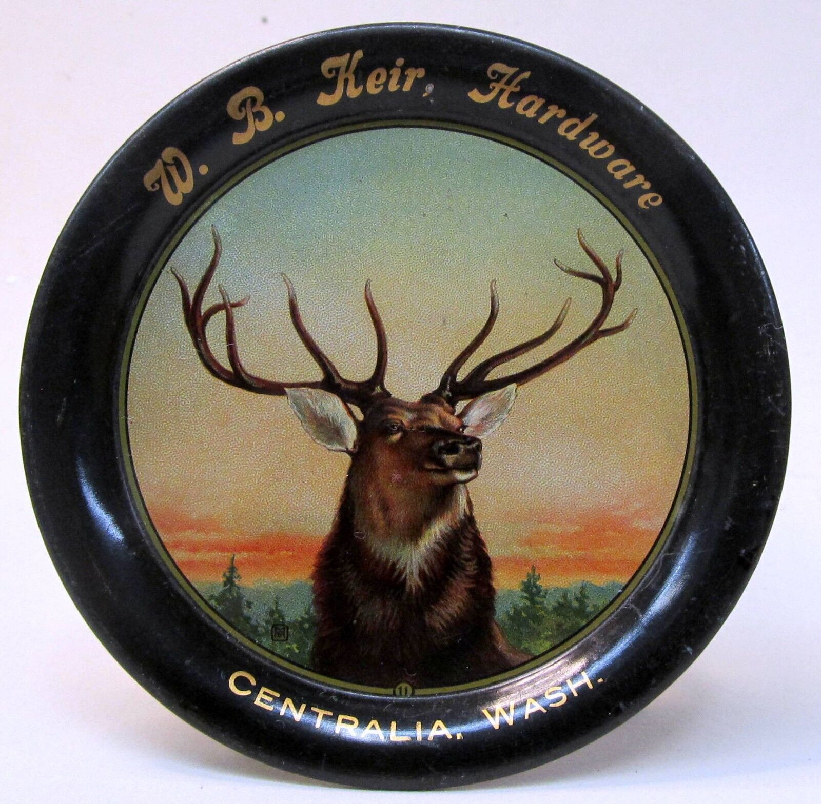 elk c. 1910 W.B. KEIR HARDWARE Centralia Washington tin litho tip tray ashtray