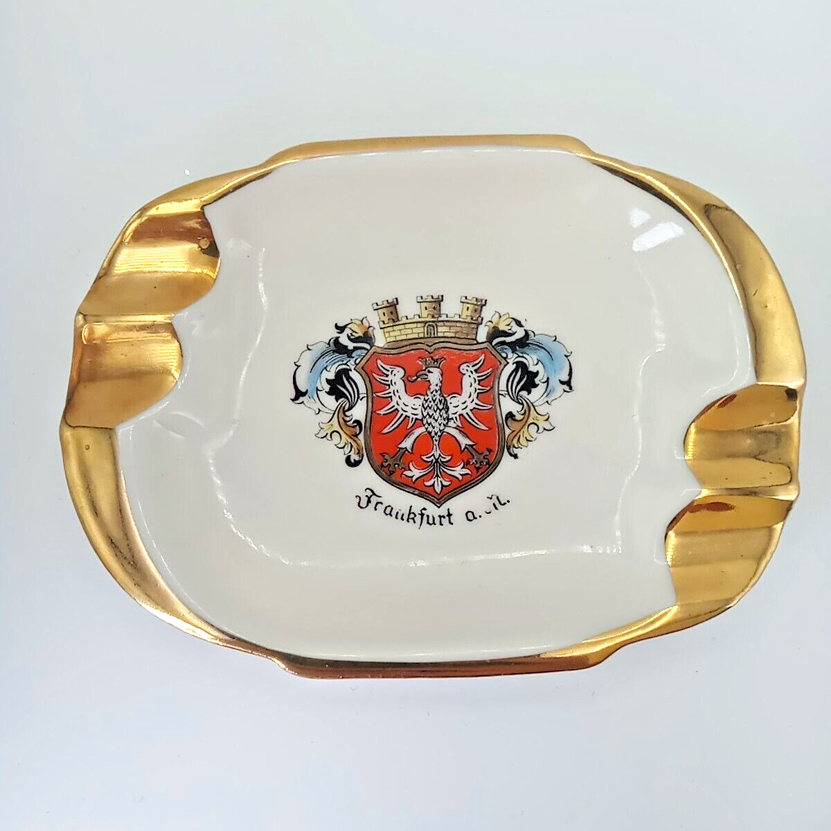 VTG Frankfurt aM Gold Trim 4 Slot Porcelain Ashtray Handgemalt Bavaria Crown A&S