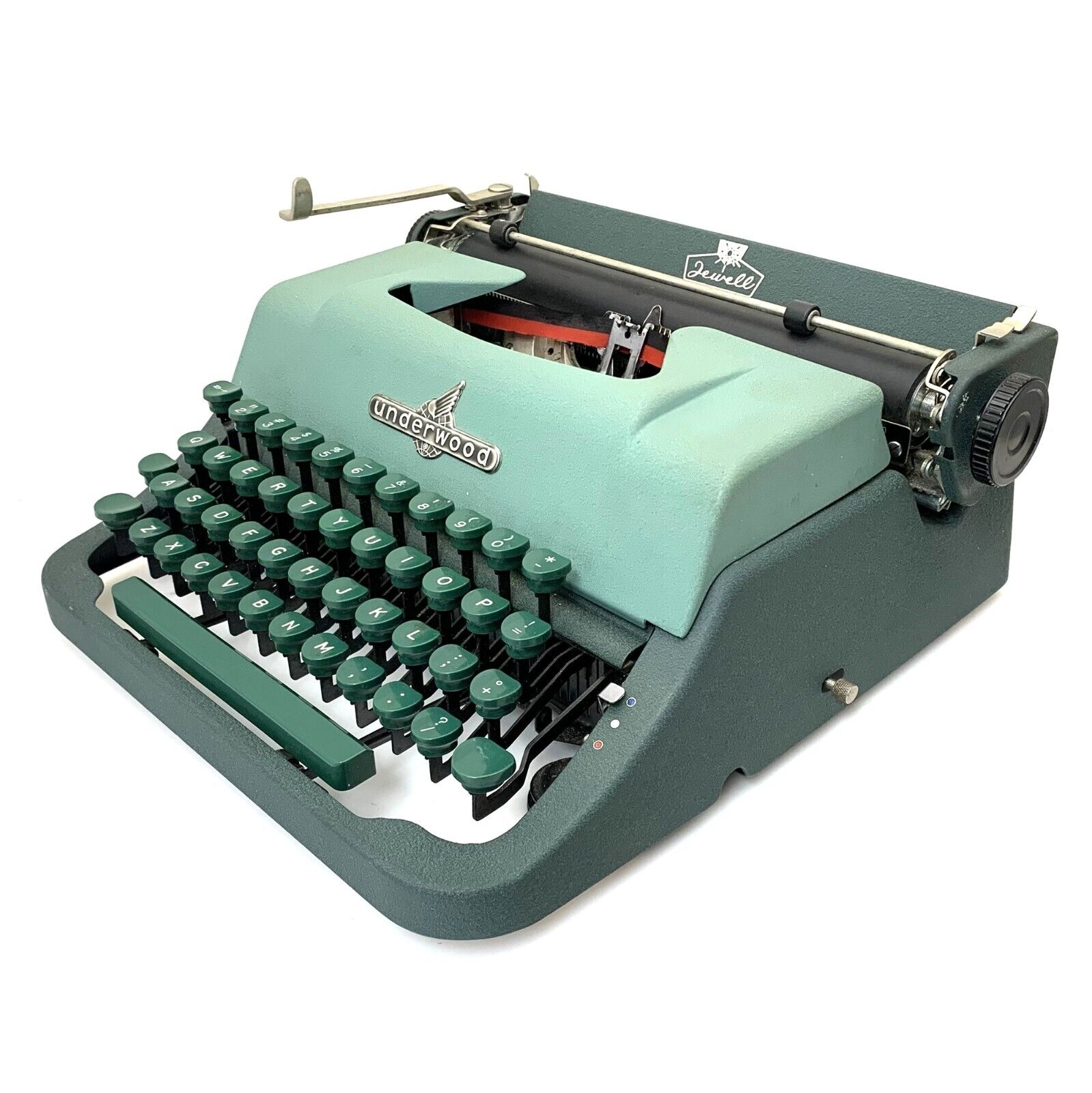 Green 1954 Underwood Jewell Typewriter w/Case Working Antique Pica Classic Vtg