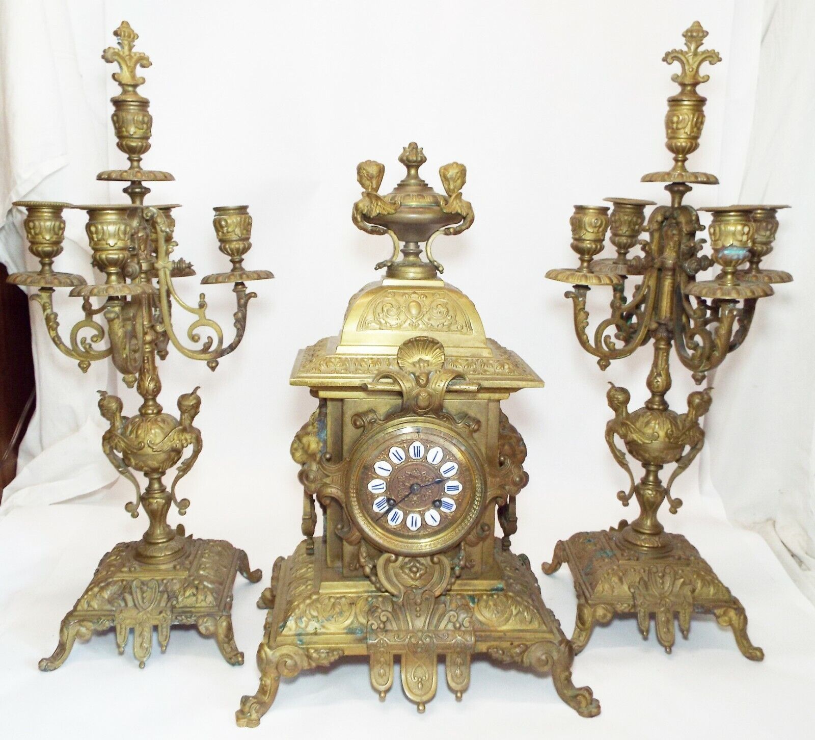 Old JAPY FRERES France Ornate Brass CLOCK GARNITURE SET w/ 2 Candlesticks LION